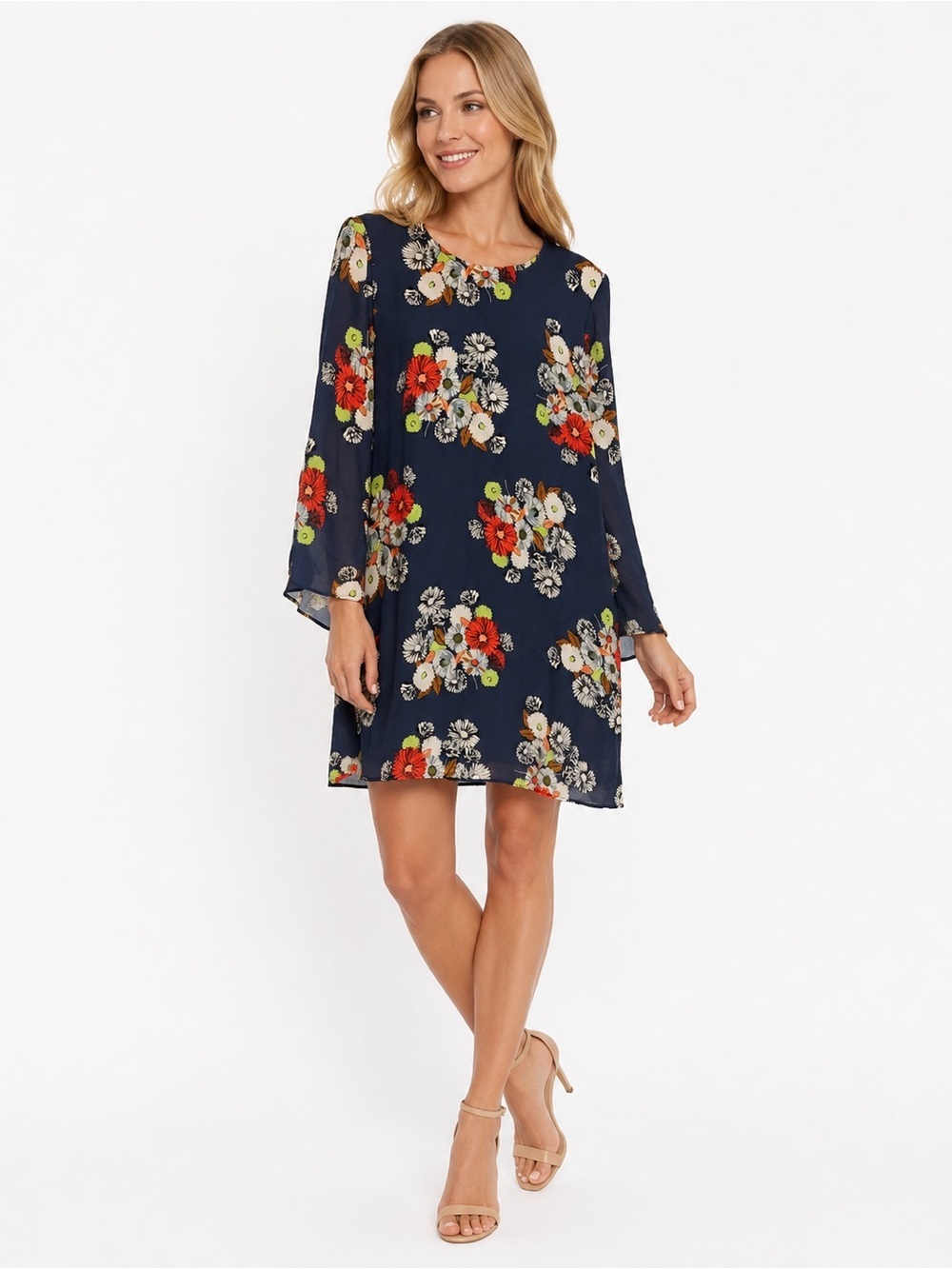 Uncle Frank swing dress with 3/4 sleeve in Navy floral print Size M